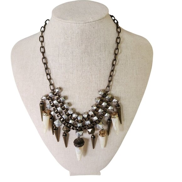 Chunky Tribal Statement Chain Necklace w/Silver Beads & Faux Ivory Spikes - Picture 6 of 8